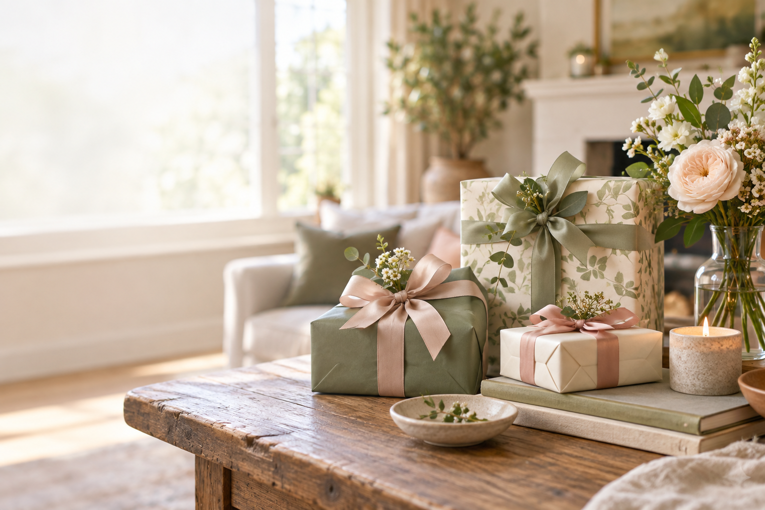 Thoughtfully wrapped gifts and flowers in a sunlit room