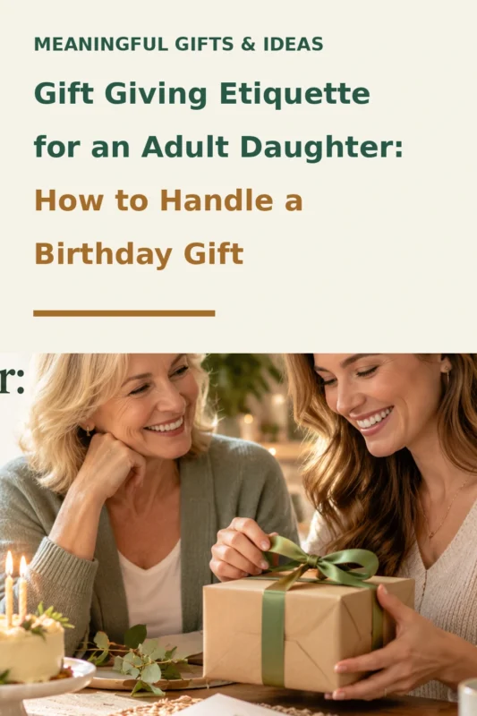 Pinterest graphic about birthday gift etiquette for an adult daughter.