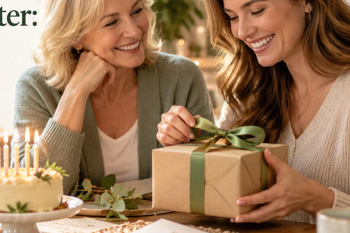 Adult daughter opening a birthday gift during a warm family celebration.