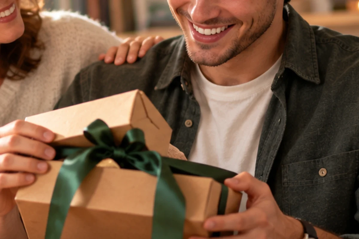Adult son opening a wrapped gift in a cozy home setting.