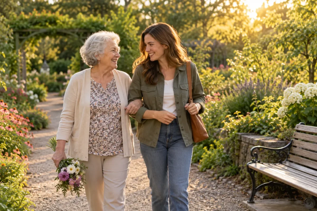 Grandmother and adult granddaughter enjoying a relaxed anniversary outing in a garden