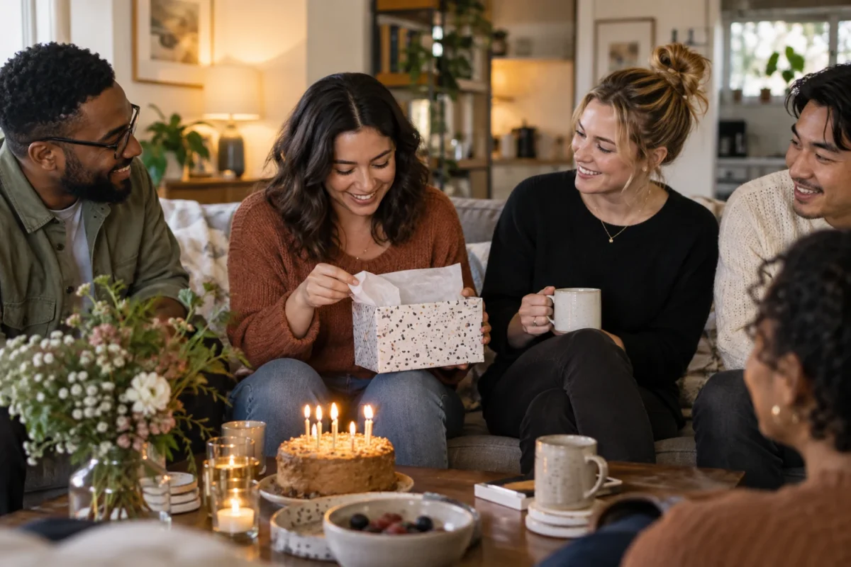 Best friend opening a modest birthday gift during a relaxed gathering with friends