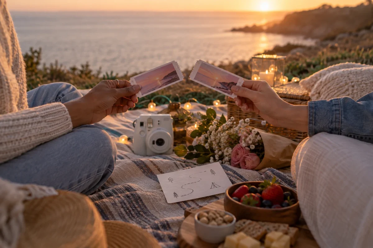 Birthday experience gift for a girlfriend planned as a sunset picnic with tickets and a camera