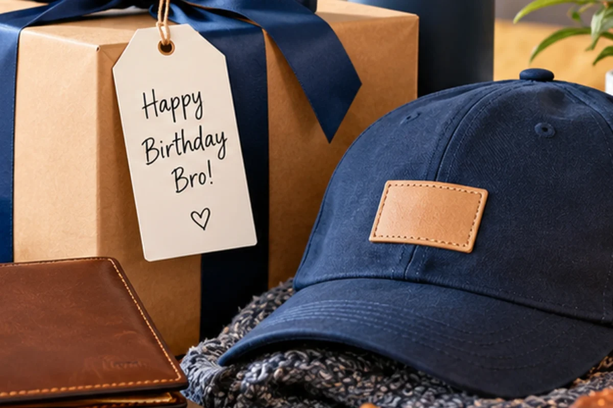 Birthday gift ideas for a brother arranged with a wrapped present and practical accessories.