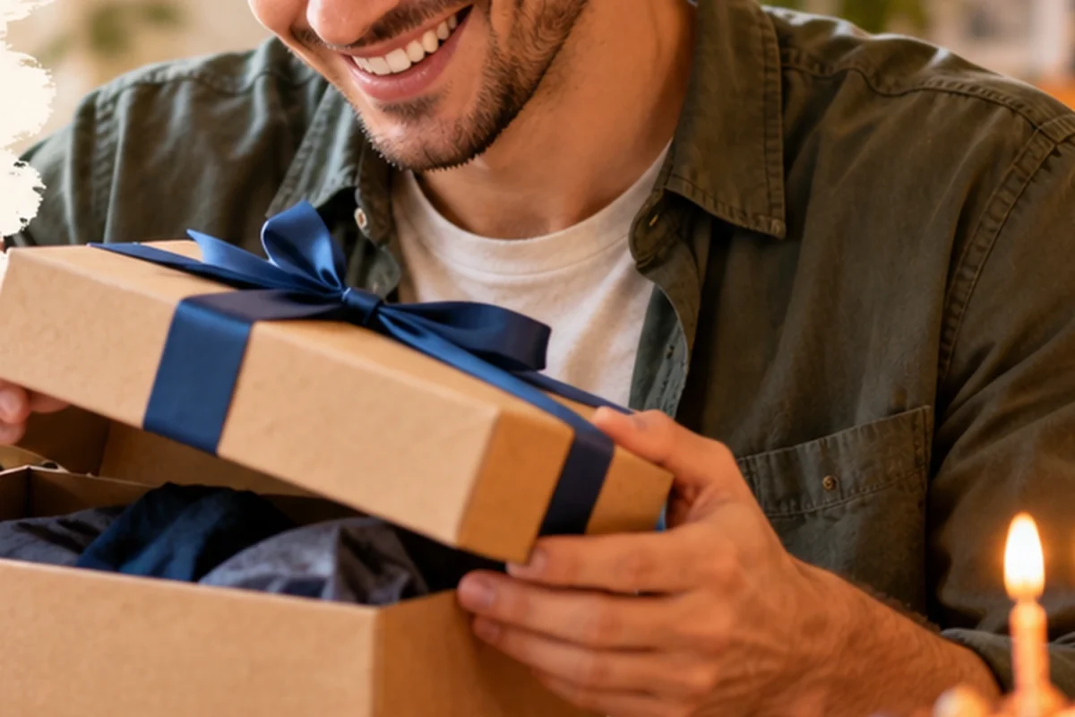 A smiling man opening a birthday present at a warm family celebration.