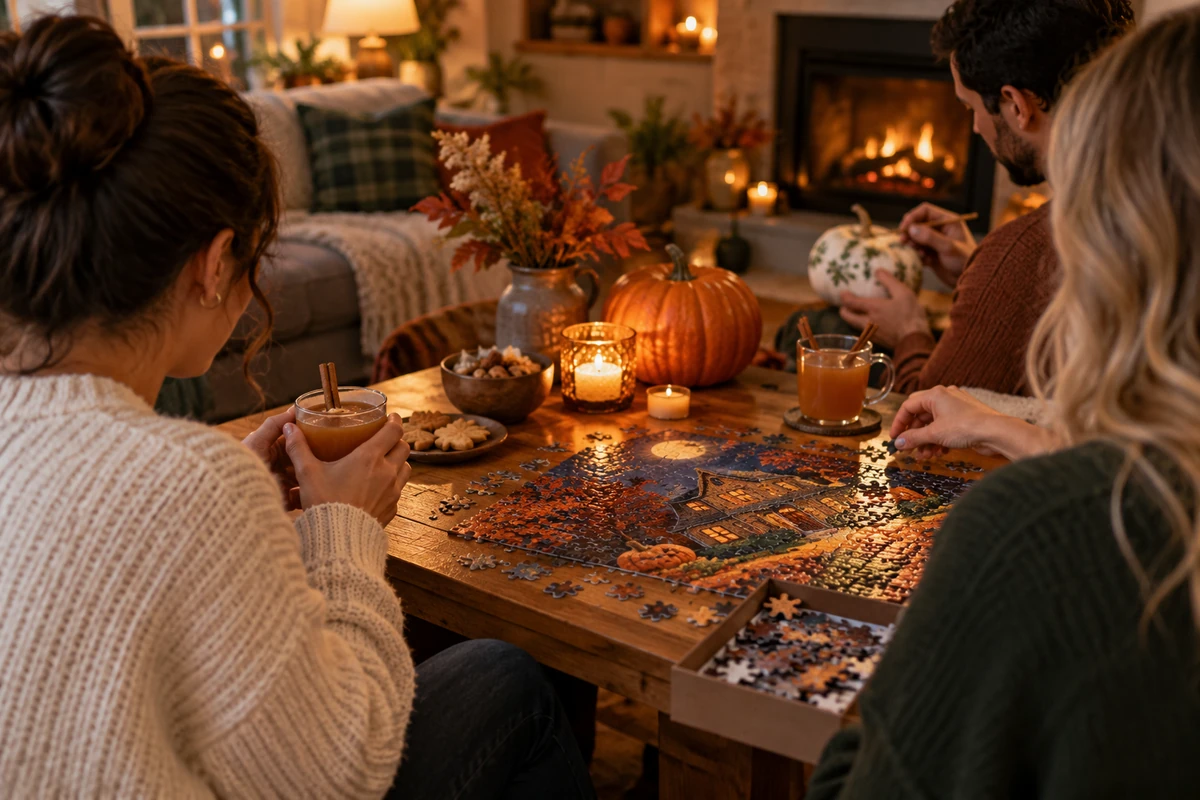 Friends enjoying a cozy Halloween puzzle and craft night at home