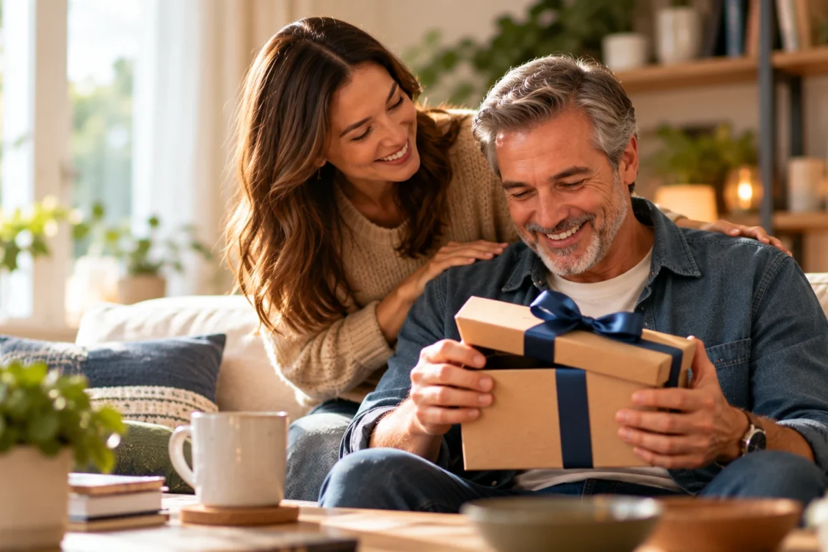 Dad opening a practical gift while his adult daughter
