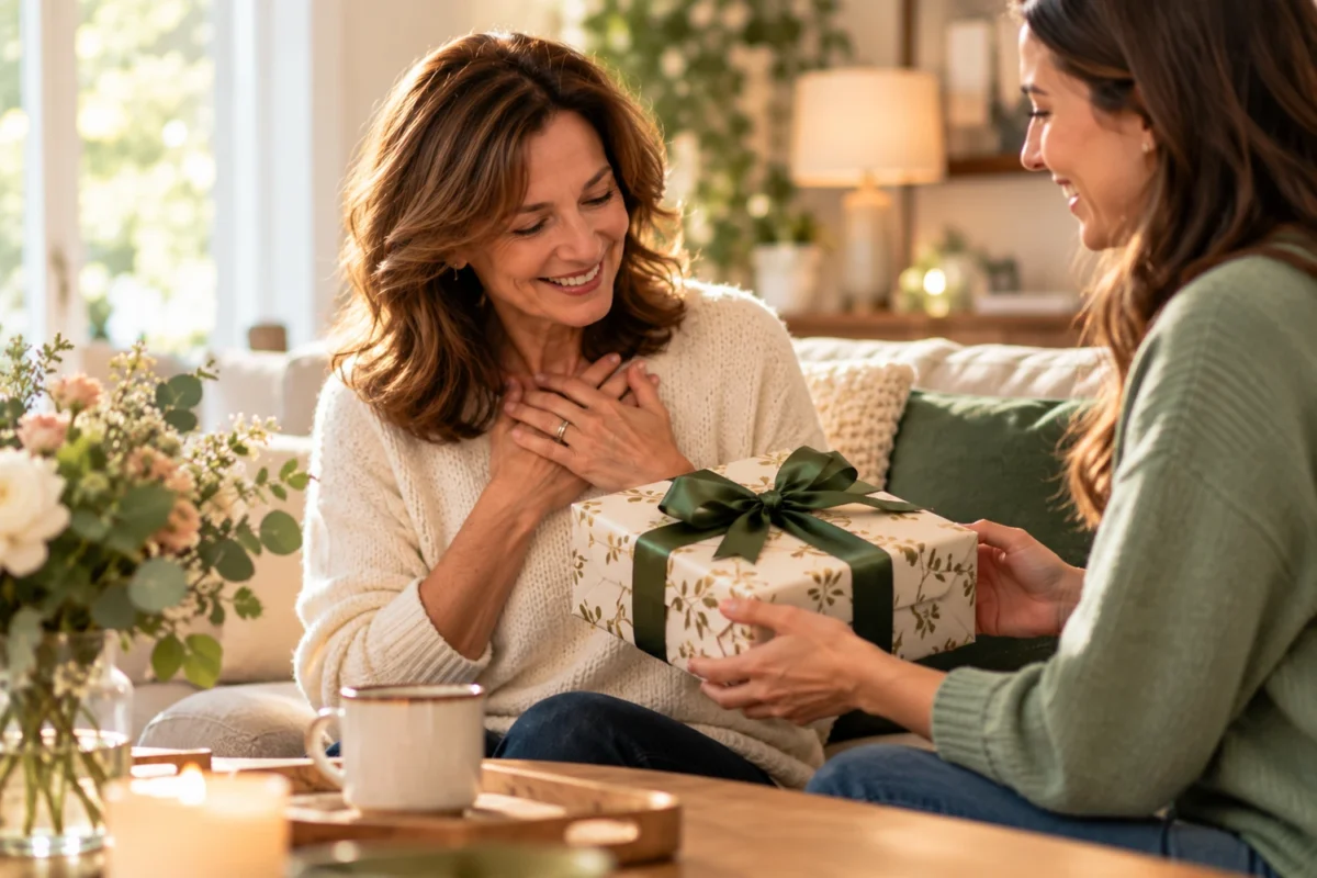 Adult daughter giving a thoughtful wrapped gift to her smiling mother at home.