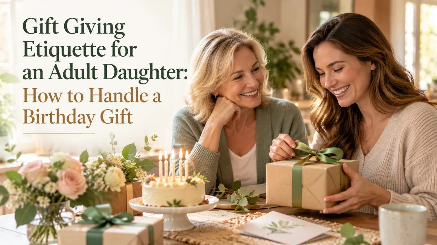 Mother and adult daughter celebrating a birthday as the daughter opens a wrapped gift.