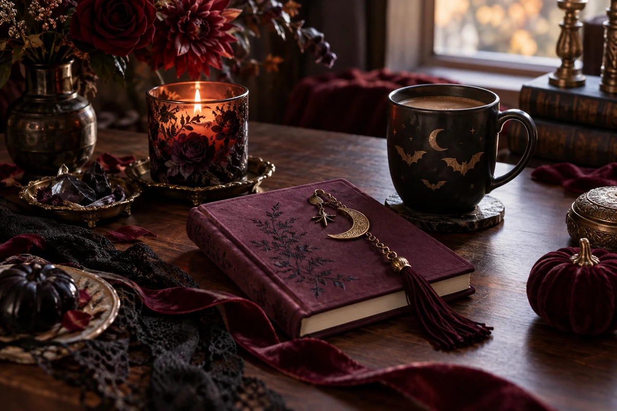 Gothic romance Halloween gifts in burgundy, black lace, and antique brass