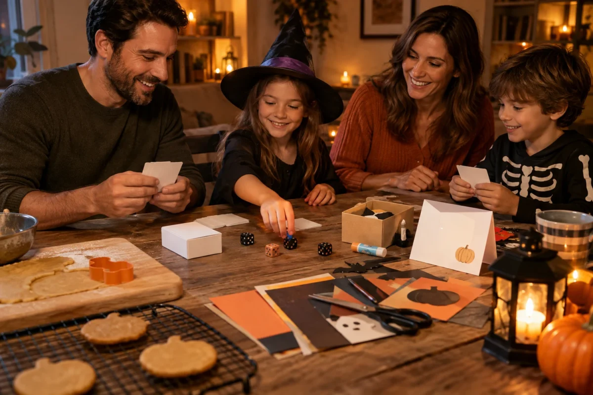 Halloween activity gifts under $25 with a card game, craft supplies, cookie cutter, and invitation