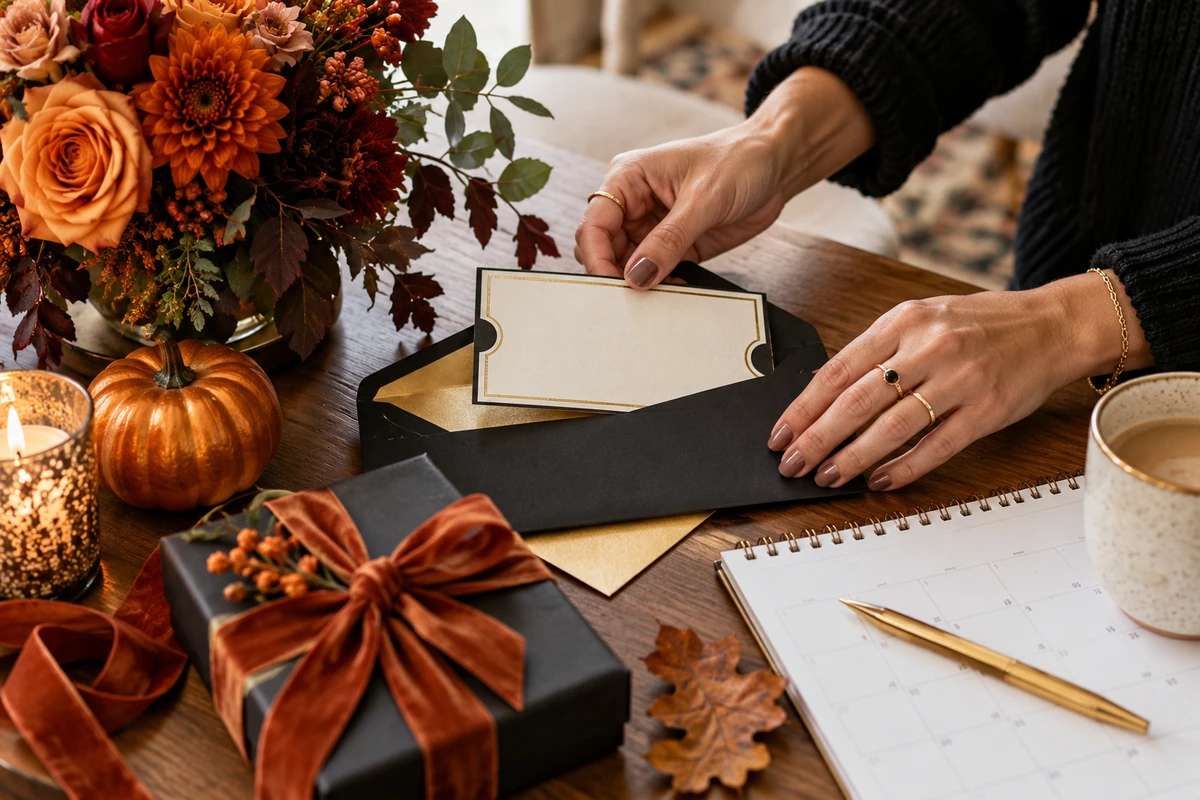 Adult preparing a flexible Halloween experience gift with an invitation, autumn flowers, a calendar, and a wrapped package