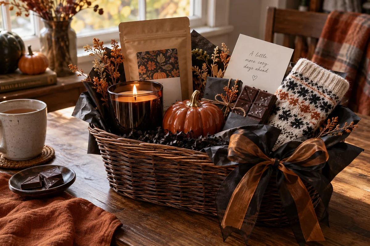 Thoughtful Halloween gift basket for an adult with a candle, tea, chocolate, cozy socks, and a ceramic pumpkin
