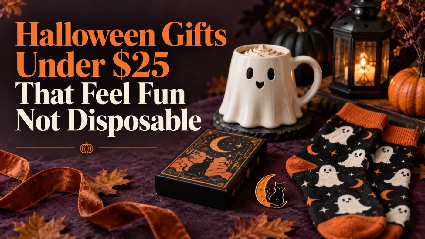 Halloween gifts under $25 including a ghost mug, patterned socks, and a reusable card game