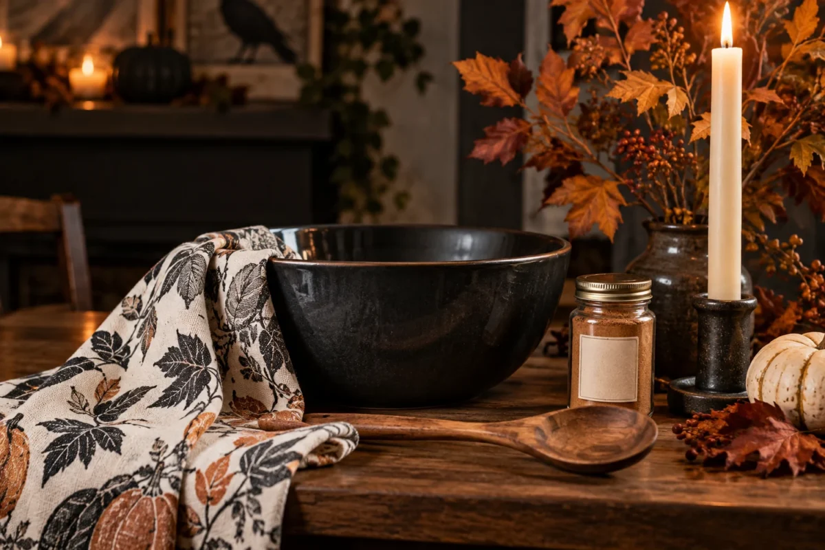 Halloween host gifts under $25 with a reusable serving bowl, tea towel, spice jar, and candle holder