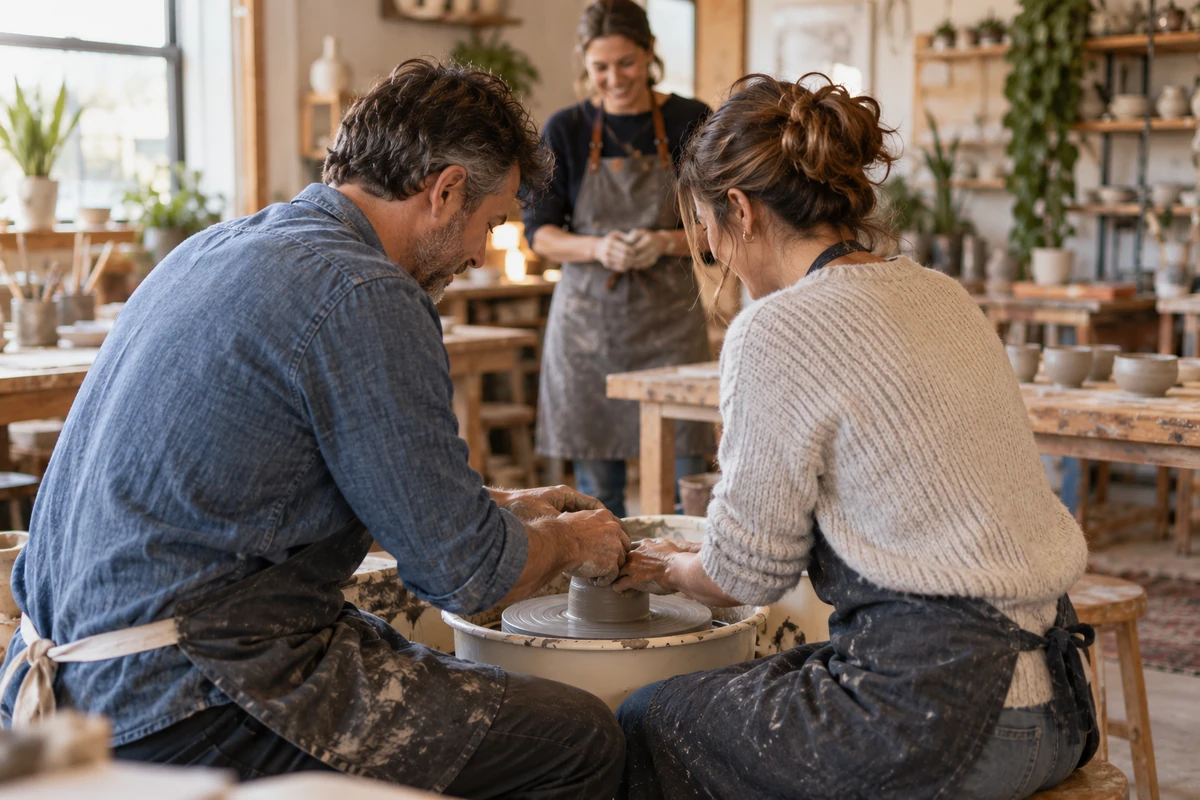 Married couple learning pottery together during a hands-on workshop gift