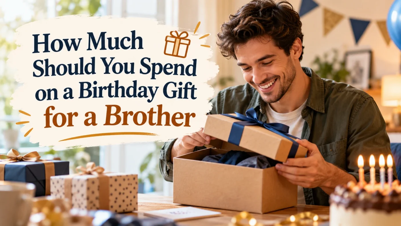 Two brothers celebrating a birthday as one opens a wrapped gift beside a cake.