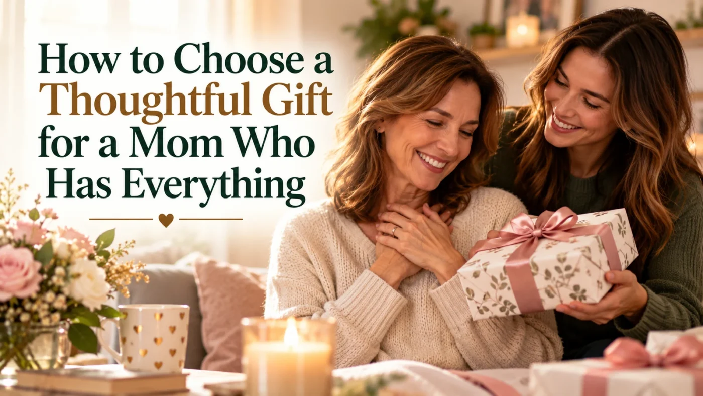 Daughter giving her mom a wrapped gift in a warm living room.