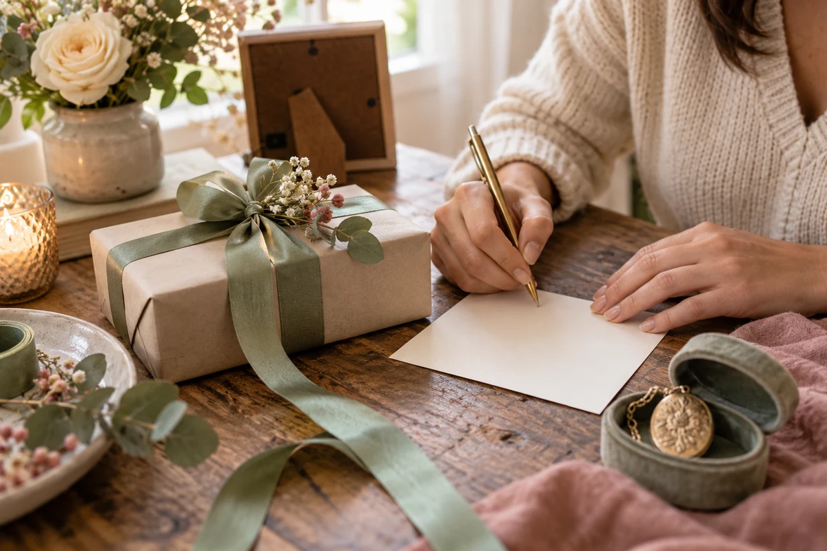 Writing a personal card beside a thoughtfully wrapped gift