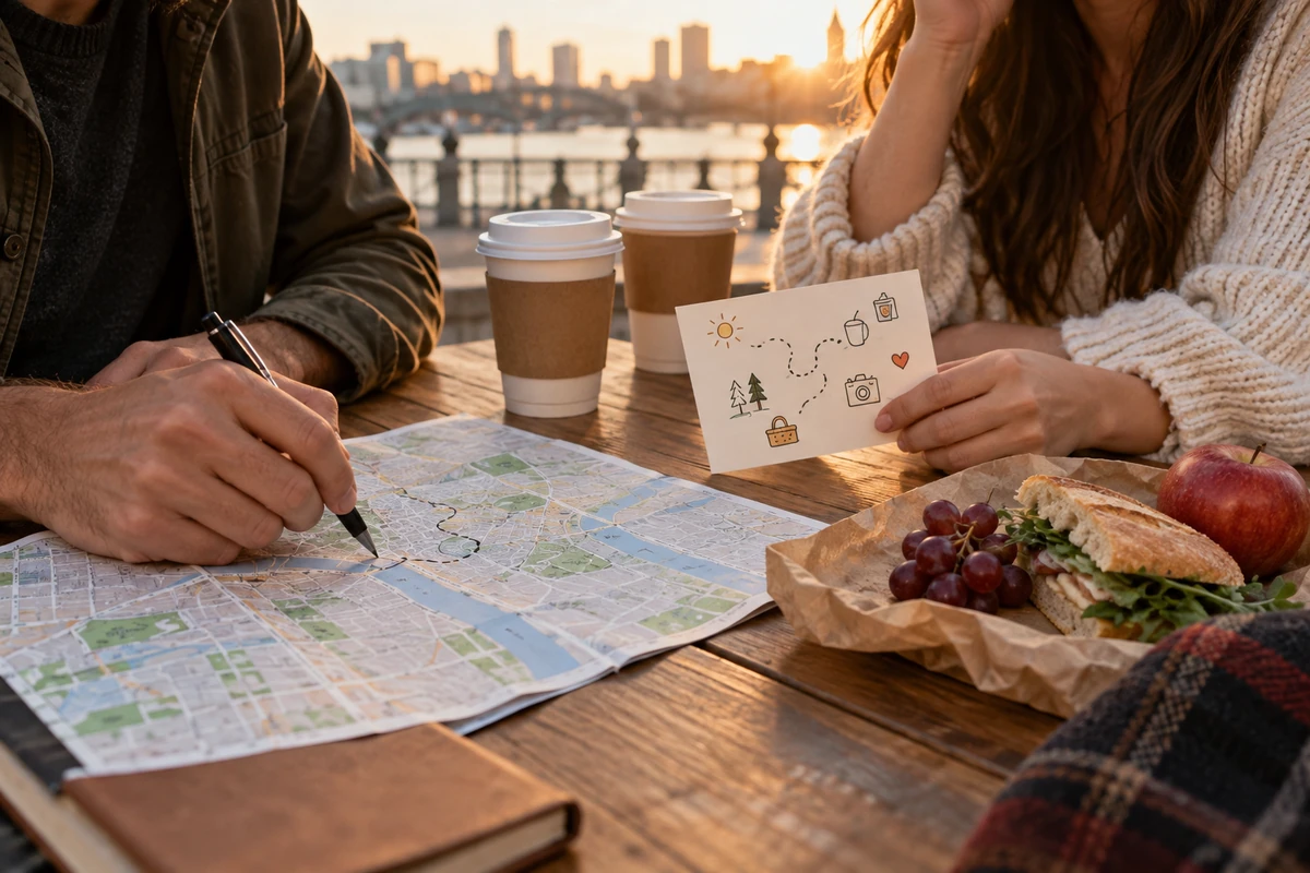 Couple planning a low-cost date with coffee, picnic food, an activity card, and a city map