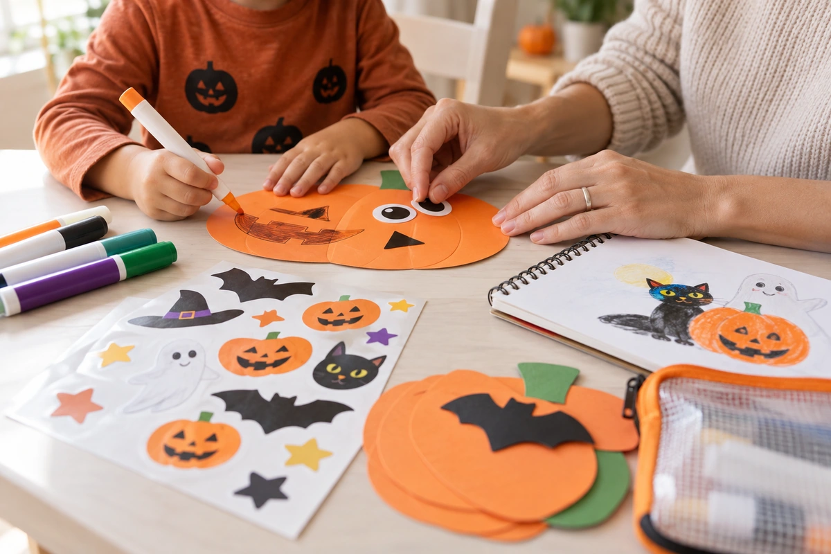 Child and parent using a low-mess Halloween craft gift with washable markers, stickers, and paper shapes