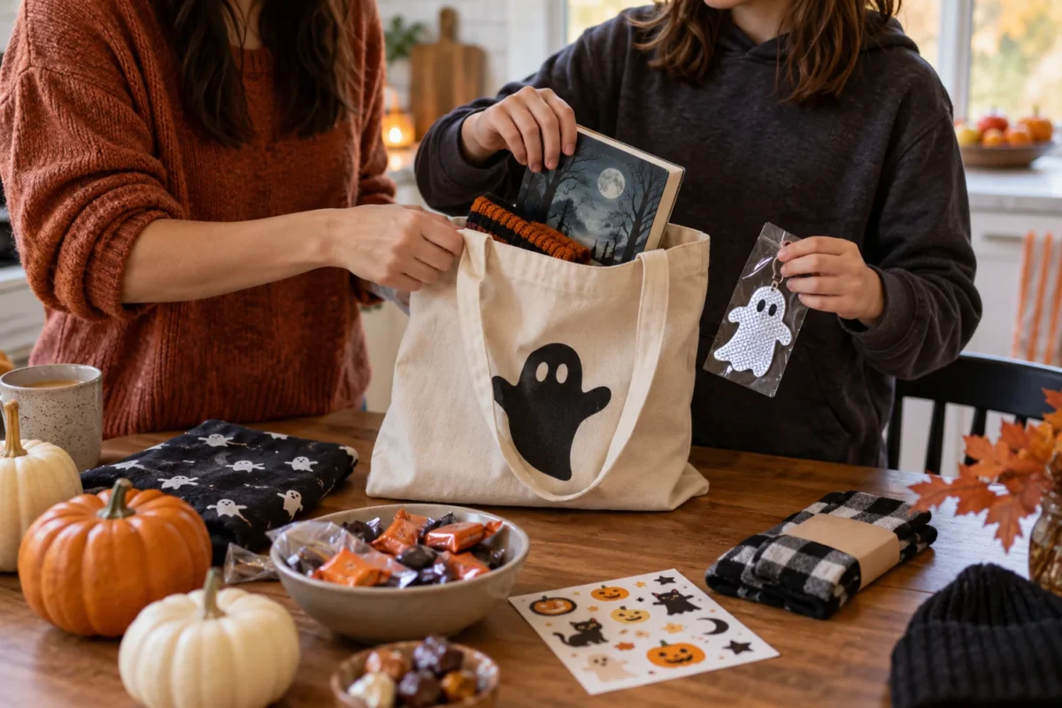 Parent and older child assembling a reusable low-waste Halloween boo basket