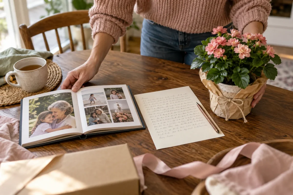 Photo book, personal letter, and flowering plant prepared as anniversary gifts for a grandmother