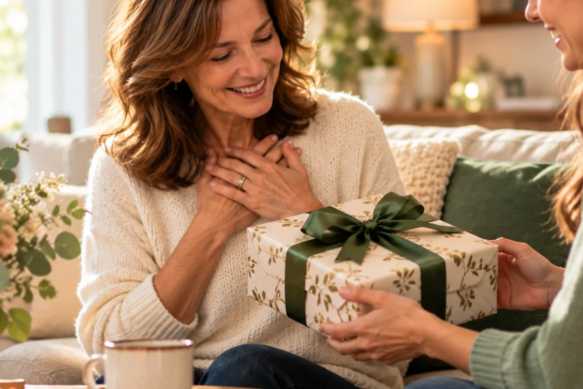 Mother receiving a meaningful gift from her adult daughter in a cozy home setting.