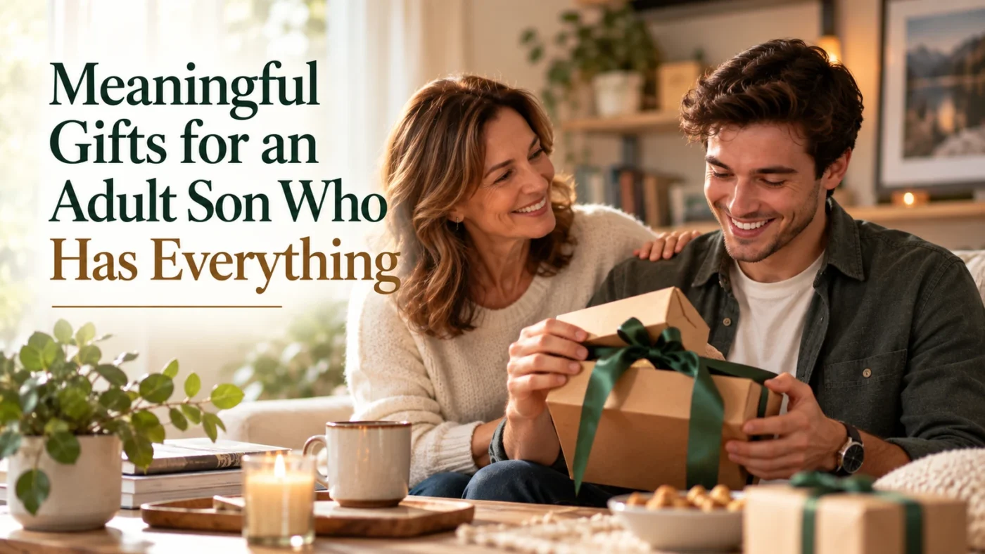Mother watching her adult son open a thoughtful wrapped gift in a warm living room.