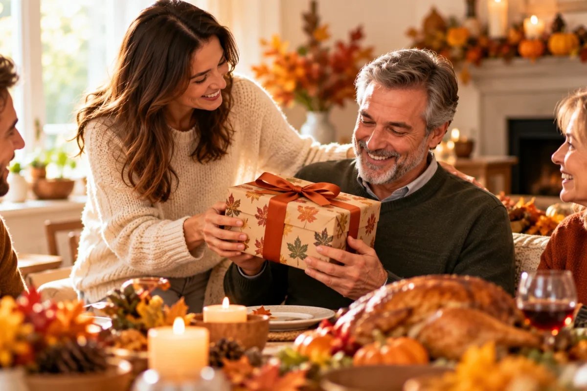 Woman giving a Thanksgiving gift to an older man at a fall family gathering.