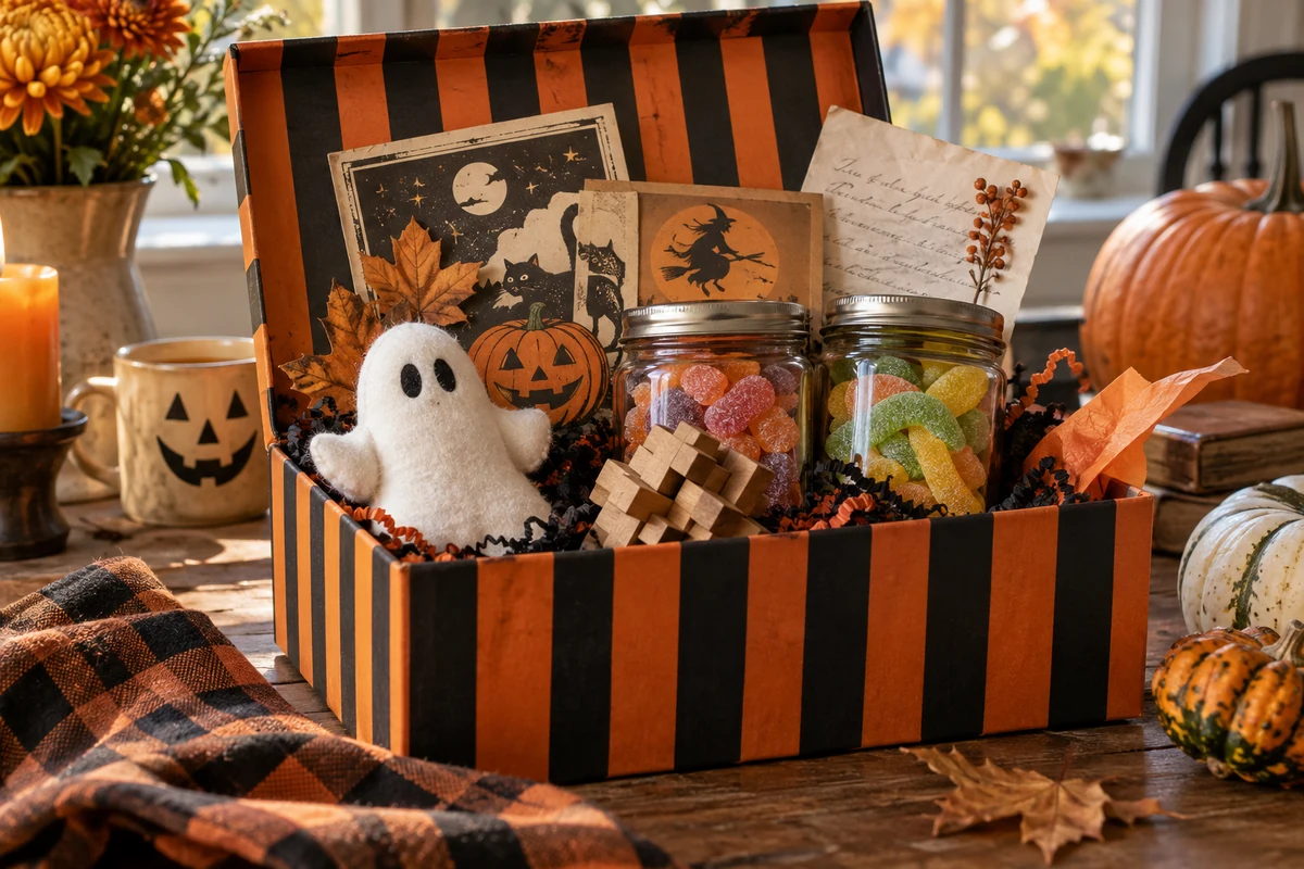 Modern retro Halloween gift with vintage-style paper, puzzle, and sour gummy treats