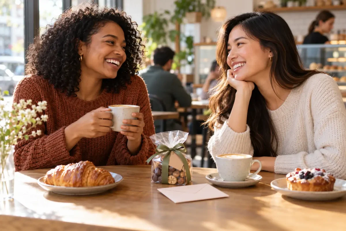 Two new friends sharing coffee and a small low-pressure gift at a cafe