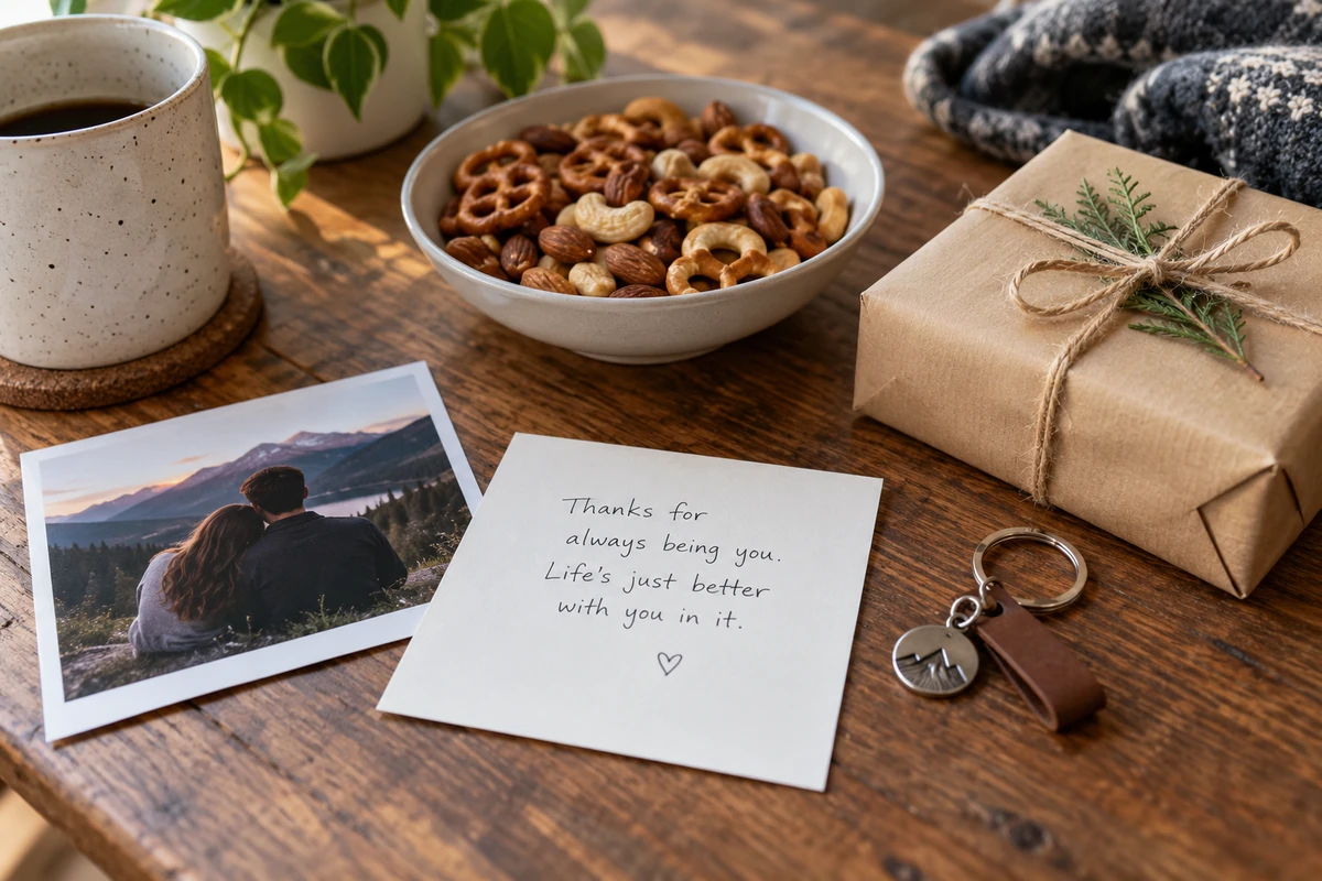 Personal gift under $15 for a boyfriend with a printed photo, handwritten note, snack, and small keychain