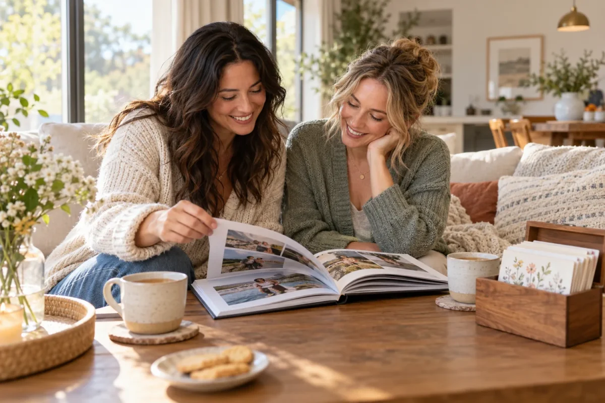 Two sisters looking through a personalized photo book of shared memories