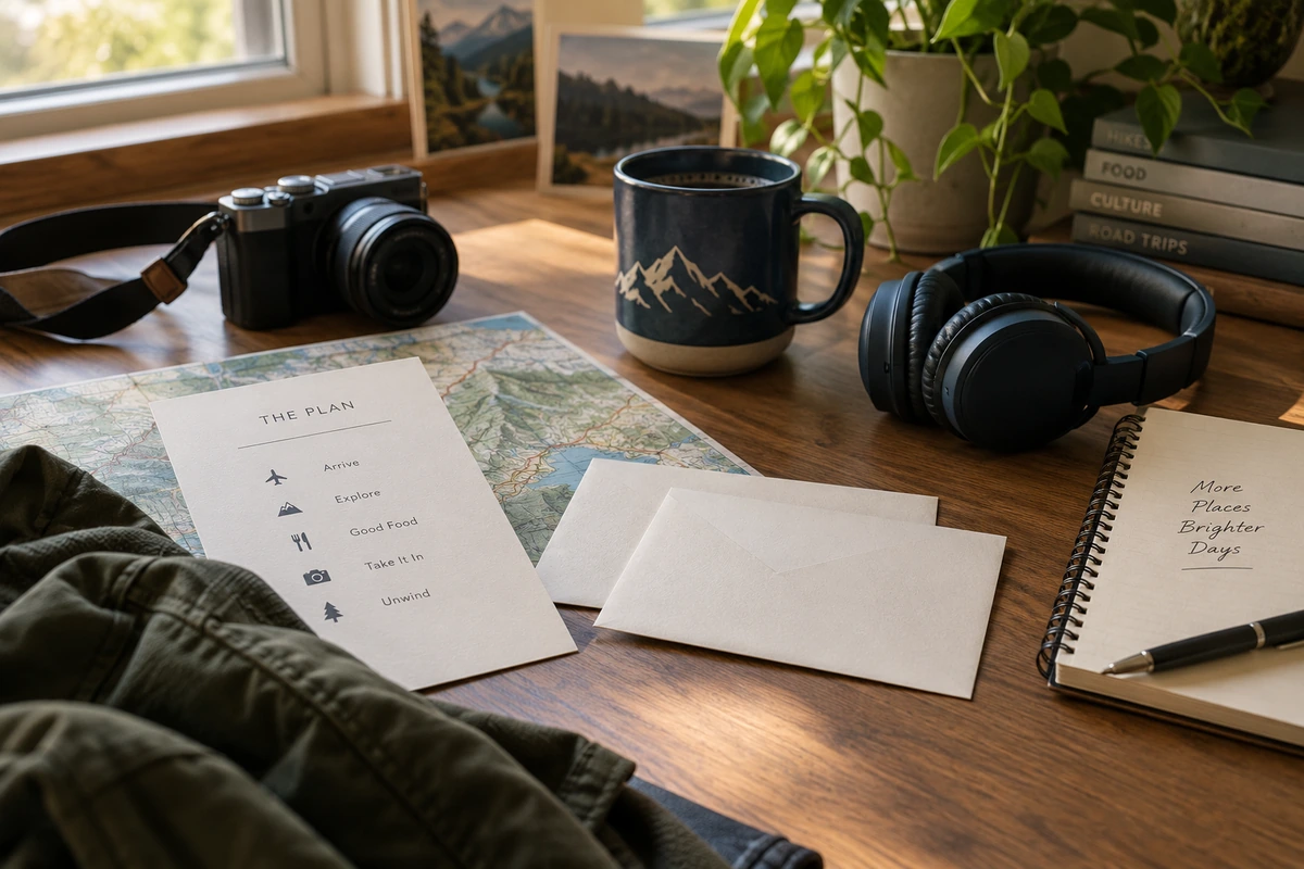 Map, camera, headphones, and itinerary used to plan an experience gift for a husband