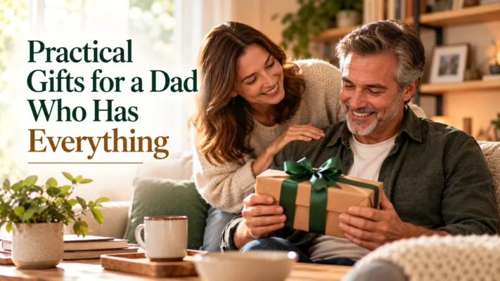 Adult daughter giving her dad a practical wrapped gift in a warm living room.