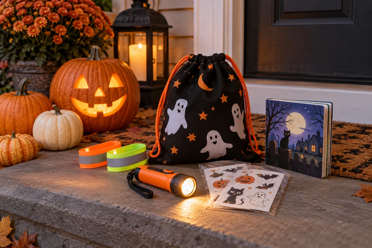 Practical non-candy Halloween gifts for kids including reflective bands, a flashlight, reusable bag, tattoos, and storybook