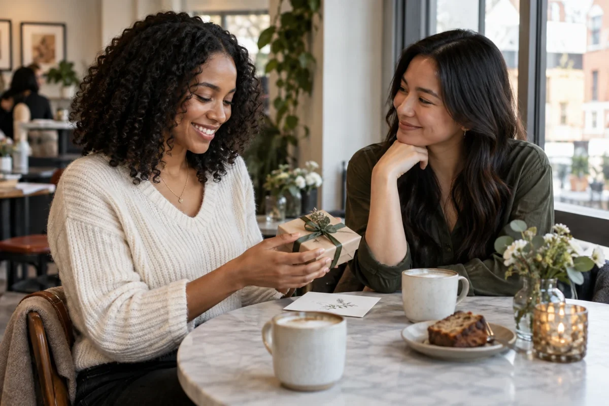 Two best friends exchanging a modest birthday gift privately at a relaxed cafe