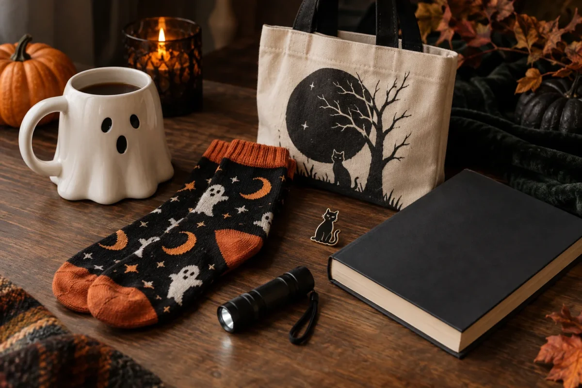 Reusable Halloween gifts under $25 with a ceramic mug, socks, tote bag, book, and flashlight