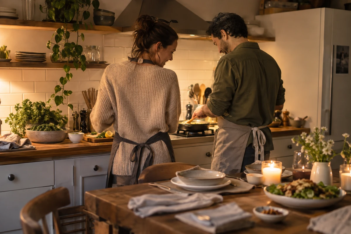 Married couple enjoying a thoughtfully planned cooking experience together