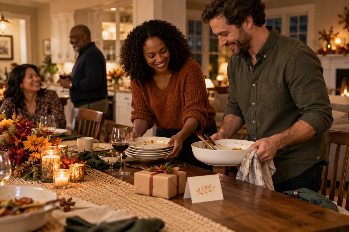 Guests helping clear the Thanksgiving table to show appreciation