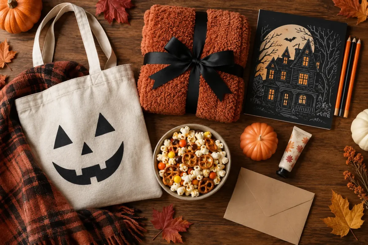 Reusable tote, cozy item, activity, snack, and note for a Halloween boo basket