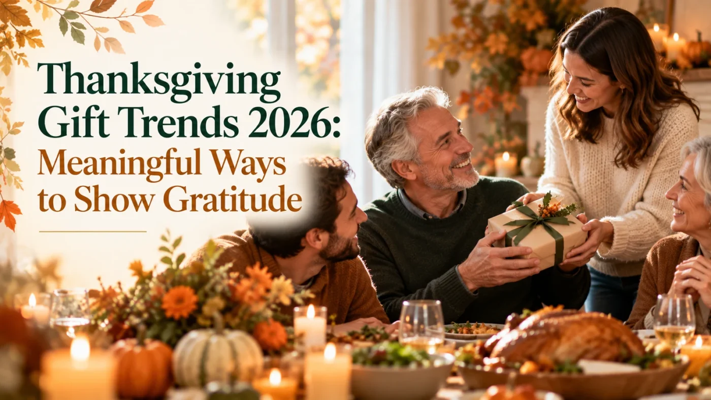 Family exchanging a meaningful gift during a warm Thanksgiving gathering.