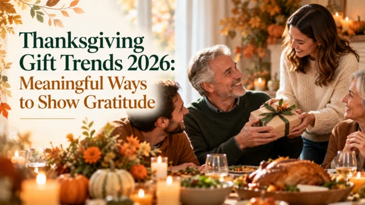 Family exchanging a meaningful gift during a warm Thanksgiving gathering.