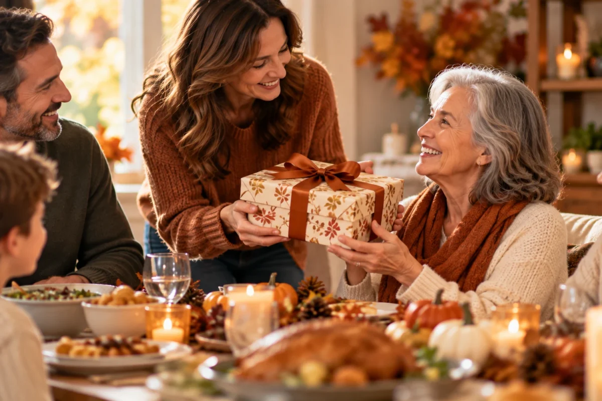 Family member giving a wrapped gratitude gift to an older woman at Thanksgiving dinner.