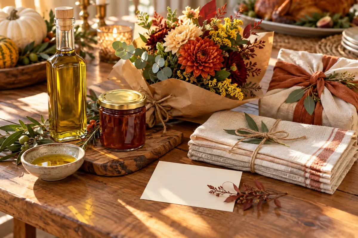 Thanksgiving host gift ideas including olive oil, preserves, flowers, and linen