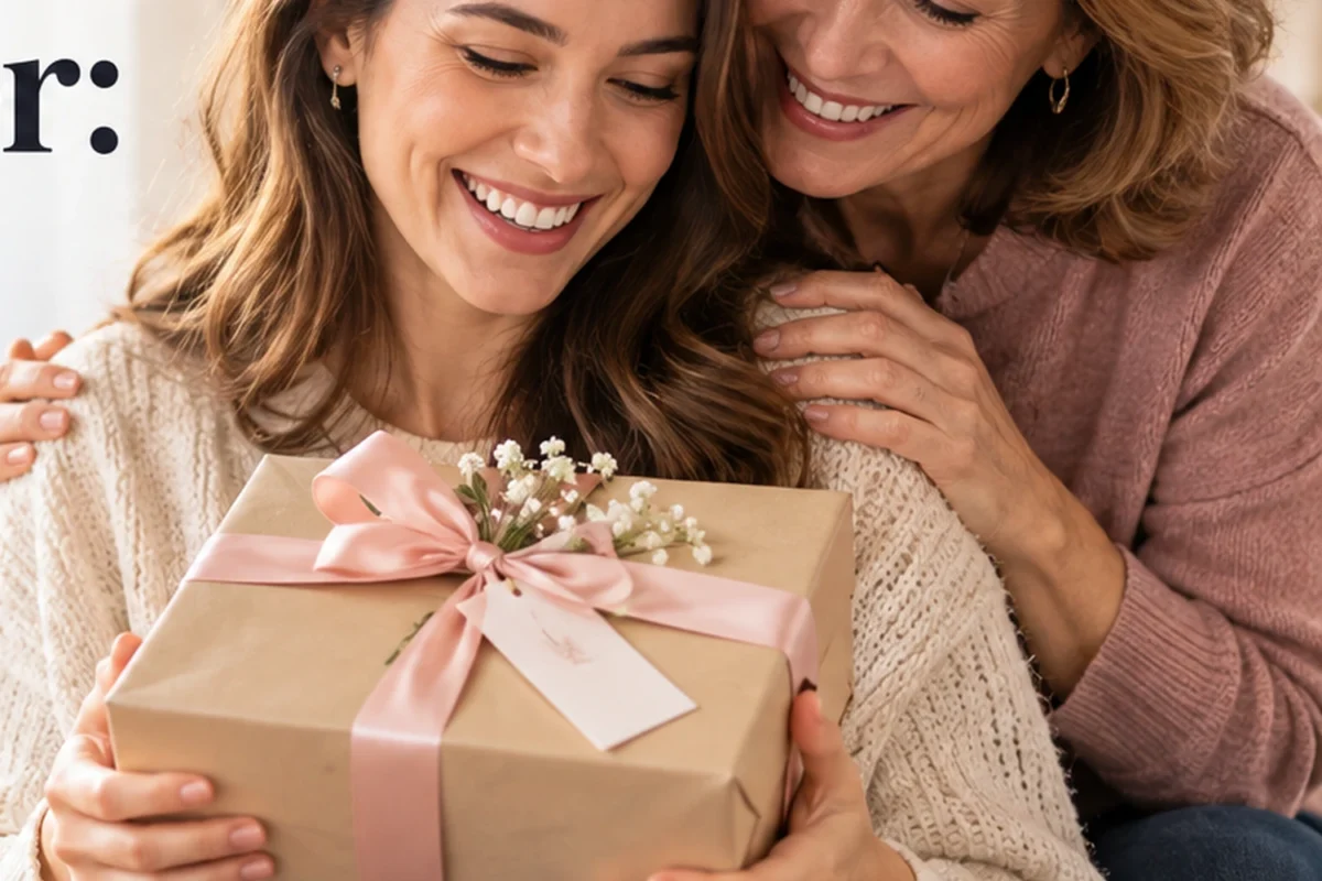 Mother and adult daughter sharing a thoughtful birthday gift moment at home.