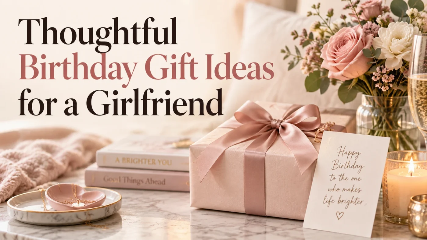 Thoughtful birthday gift ideas for a girlfriend with flowers, a wrapped present, and a birthday card