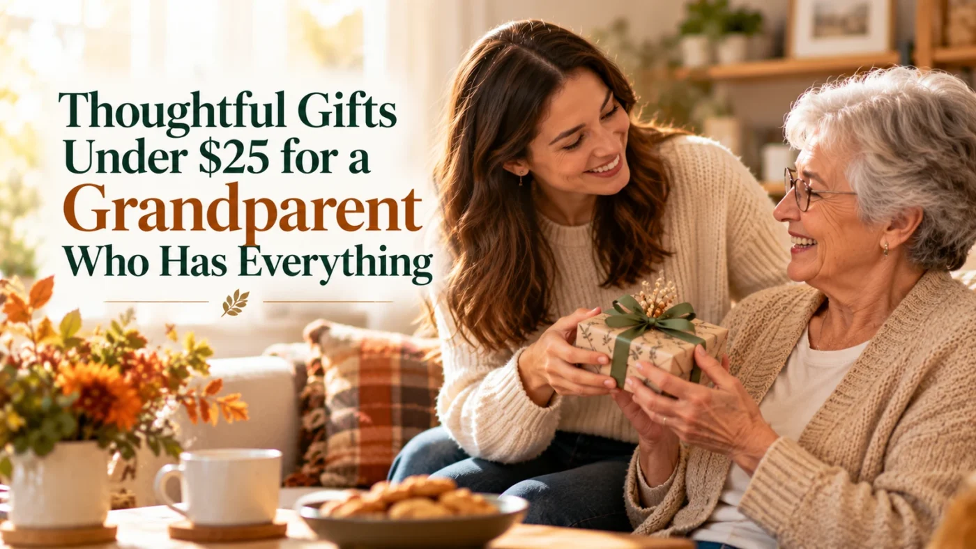 Woman giving a small wrapped gift to her grandmother in a cozy living room.