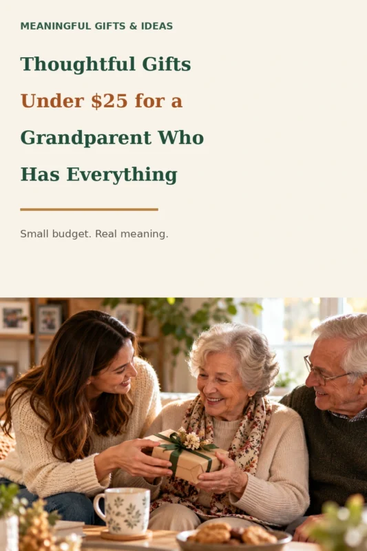 Grandchild sharing a small meaningful gift with her grandmother in a warm living room.